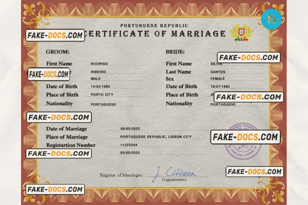 Portugal marriage certificate PSD template, fully editable scan