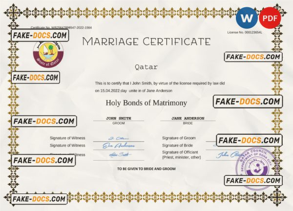Qatar marriage certificate Word and PDF template, fully editable scan