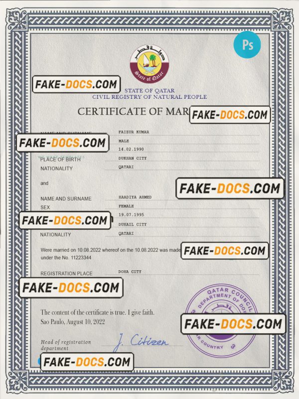 Qatar marriage certificate PSD template, completely editable scan
