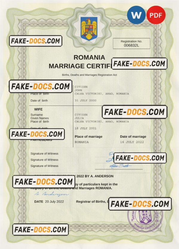 Romania marriage certificate Word and PDF template, completely editable scan