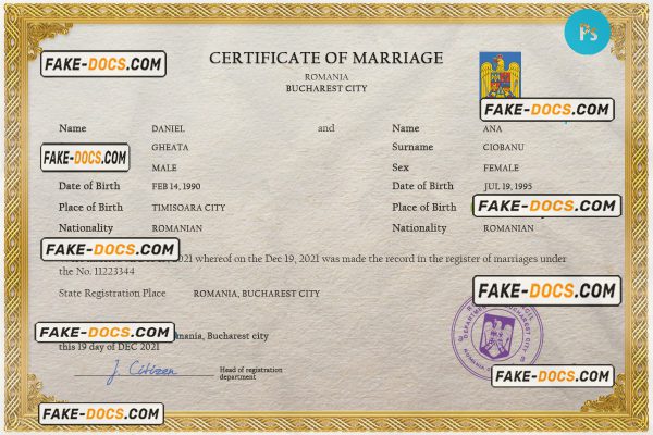 Romania marriage certificate PSD template, fully editable scan