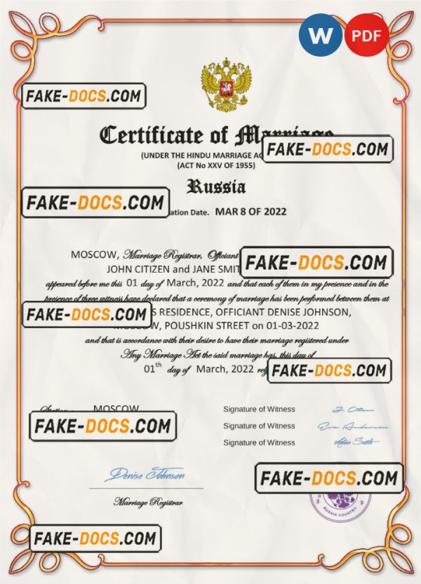 Russia marriage certificate Word and PDF template, fully editable scan
