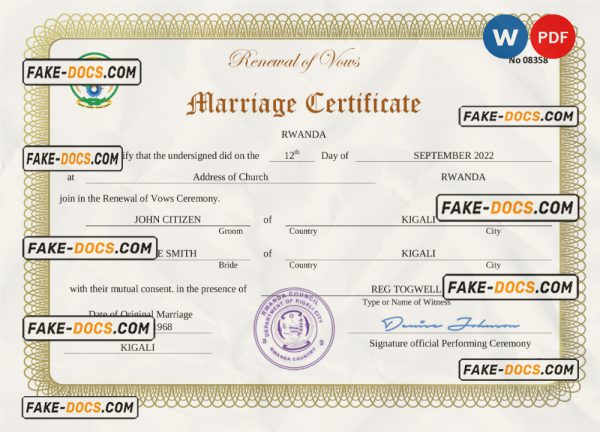 Rwanda marriage certificate Word and PDF template, completely editable scan