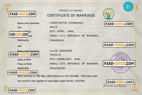 Rwanda marriage certificate PSD template, completely editable SCAN