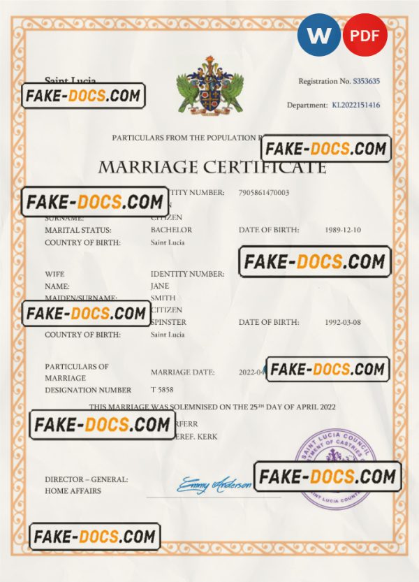 Saint Lucia marriage certificate Word and PDF template, completely editable scan