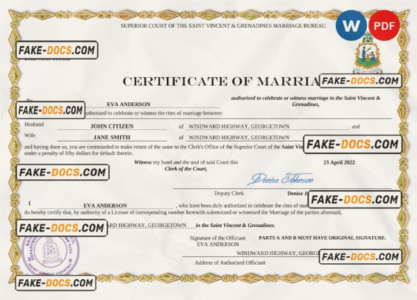 Saint Vincent and Grenadies marriage certificate Word and PDF template, fully editable scan