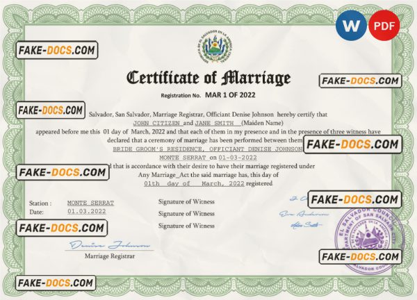 Salvador marriage certificate Word and PDF template, completely editable scan