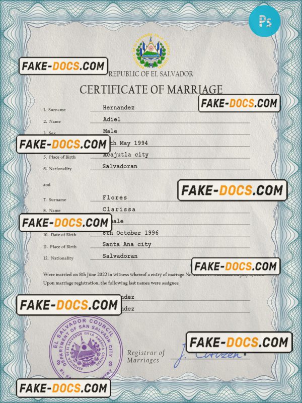 Salvador marriage certificate PSD template, fully editable scan