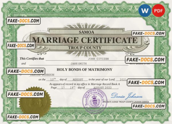 Samoa marriage certificate Word and PDF template, fully editable scan