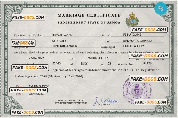 Samoa marriage certificate PSD template, completely editable scan