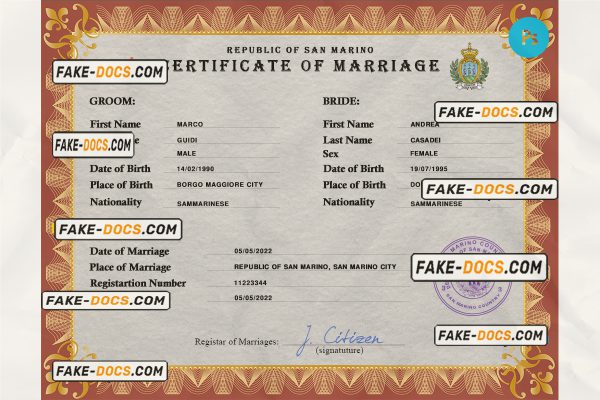 San Marino marriage certificate PSD template, fully editable scan