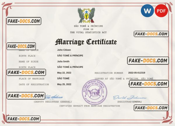 Sao Tome and Principe marriage certificate Word and PDF template, fully editable scan
