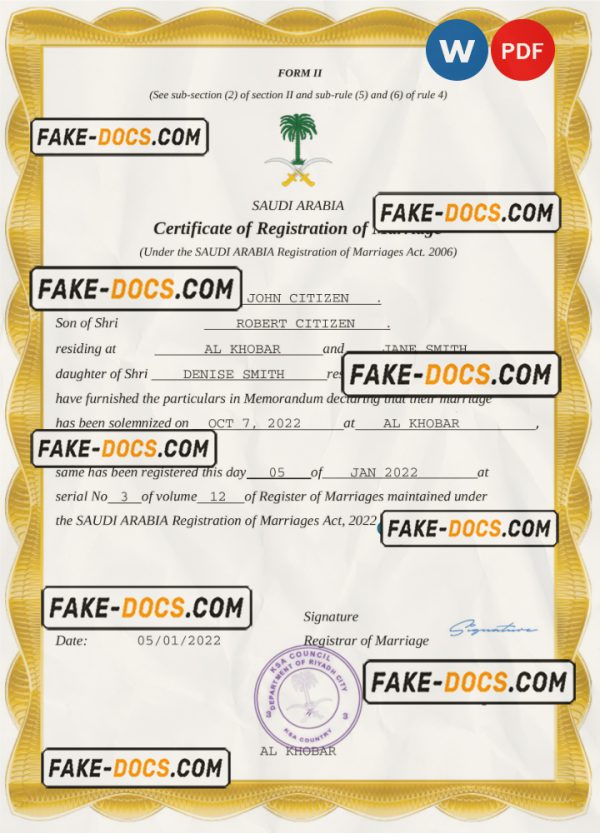Saudi Arabia marriage certificate Word and PDF template, completely editable scan