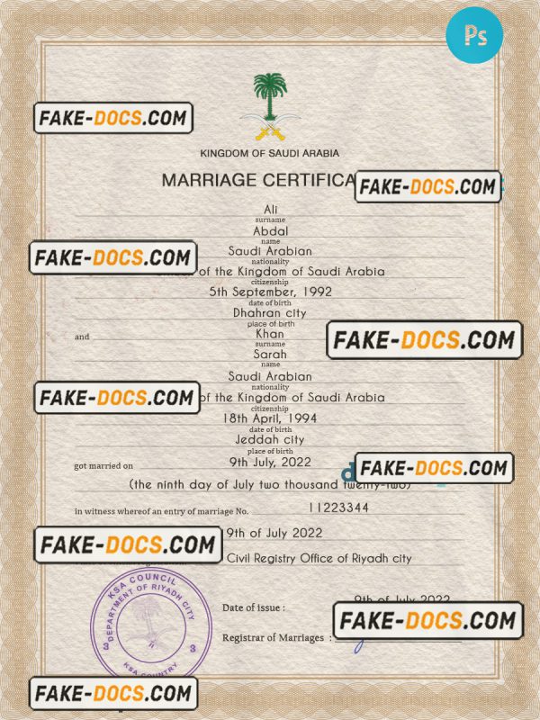Saudi Arabia marriage certificate PSD template, fully editable scan