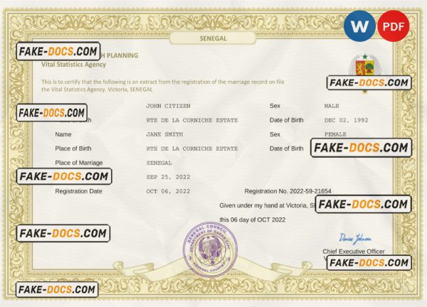 Senegal marriage certificate Word and PDF template, fully editable scan