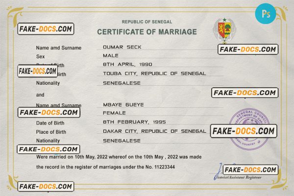 Senegal marriage certificate PSD template, completely editable scan