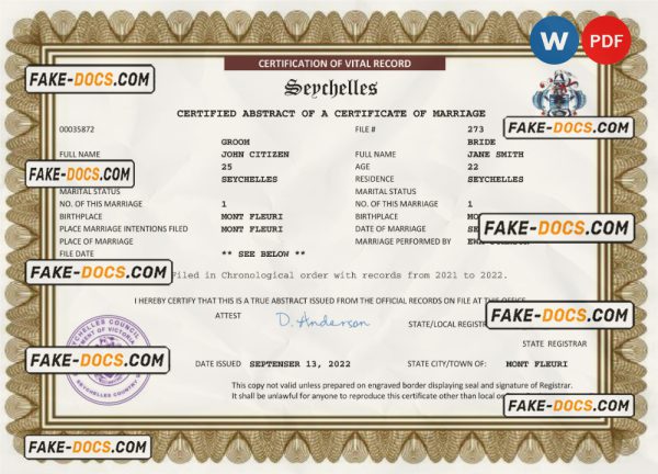 Seychelles marriage certificate Word and PDF template, fully editable scan
