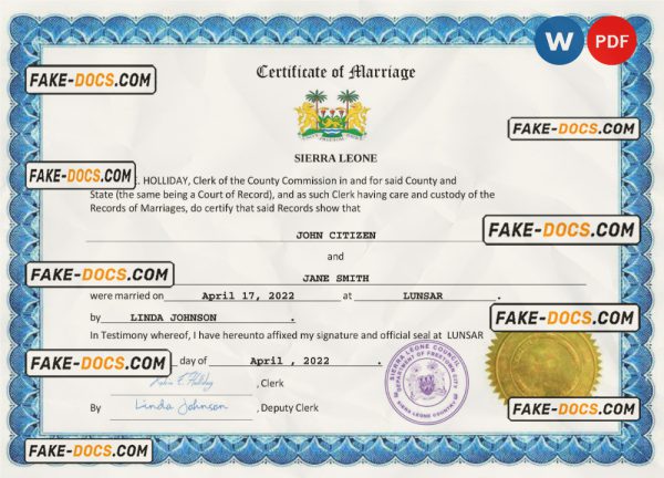 Sierra Leone marriage certificate Word and PDF template, completely editable scan