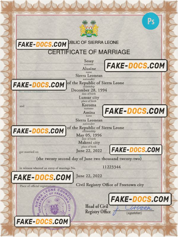 Sierra Leone marriage certificate PSD template, fully editable scan