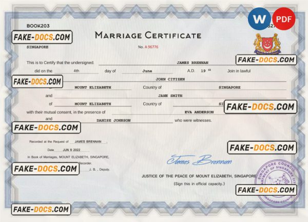 Singapore marriage certificate Word and PDF template, fully editable scan