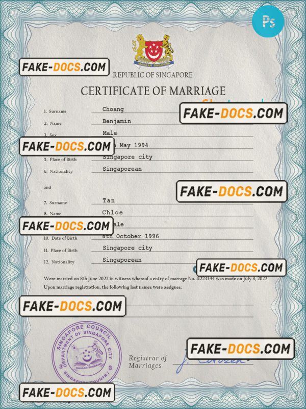 Singapore marriage certificate PSD template, completely editable scan