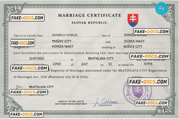 Slovakia marriage certificate PSD template, fully editable scan