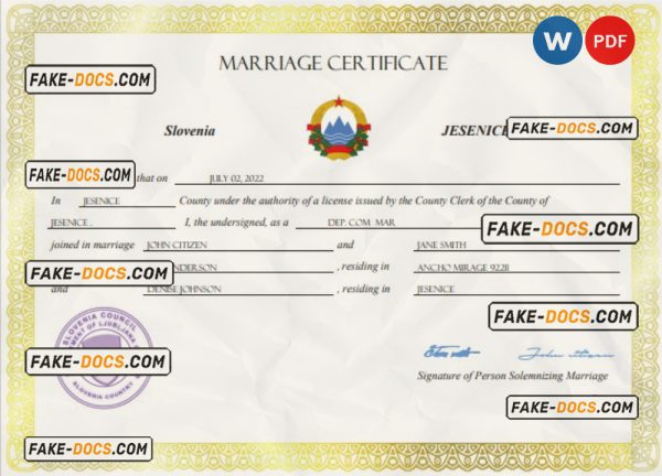 Slovenia marriage certificate Word and PDF template, fully editable scan