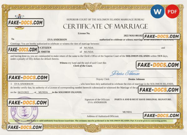 Solomon Islands marriage certificate Word and PDF template, completely editable scan