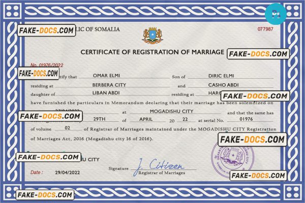 Somalia marriage certificate PSD template, fully editable scan