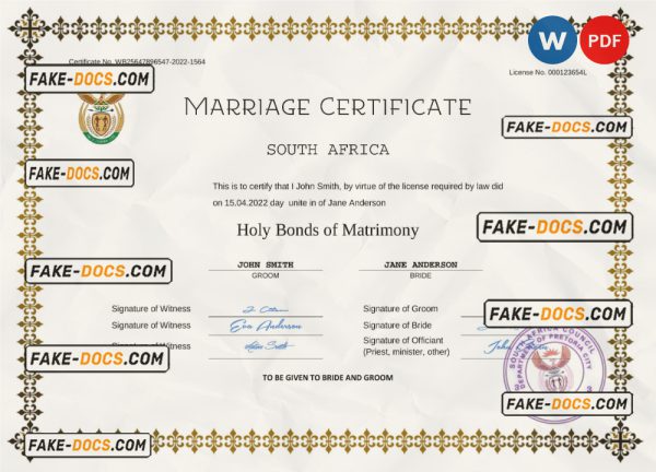 South Africa marriage certificate Word and PDF template, completely editable scan