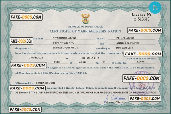 South Africa marriage certificate PSD template, completely editable scan