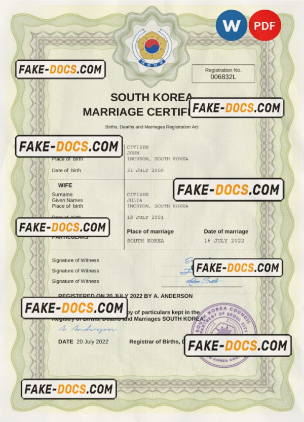 South Korea marriage certificate Word and PDF template, fully editable scan