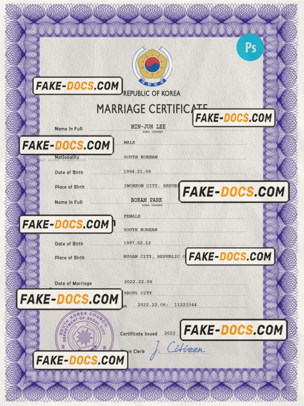 South Korea marriage certificate PSD template, fully editable scan