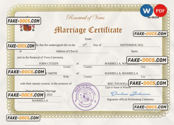 Spain marriage certificate Word and PDF template, fully editable scan