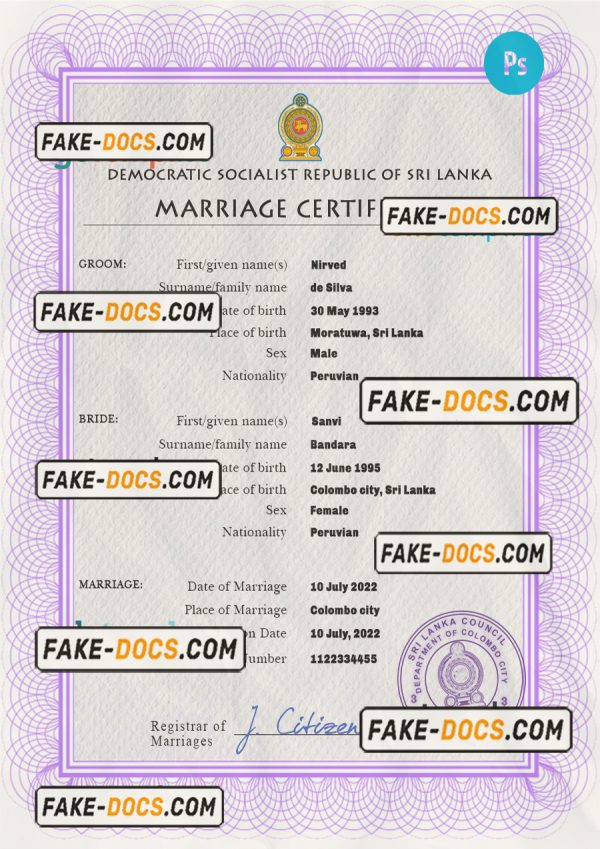 Sri Lanka marriage certificate PSD template, completely editable scan