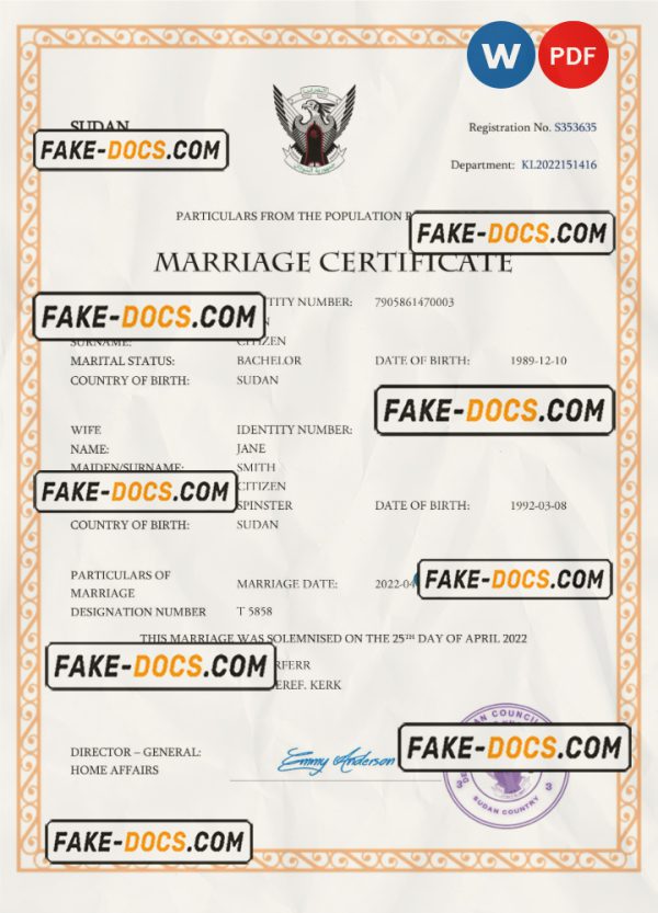 Sudan marriage certificate Word and PDF template, fully editable scan