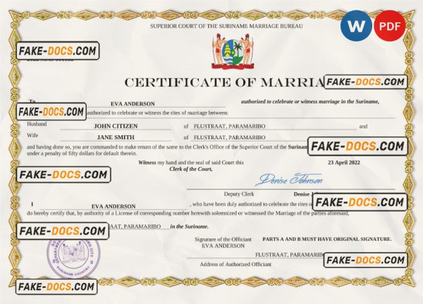 Suriname marriage certificate Word and PDF template, completely editable scan