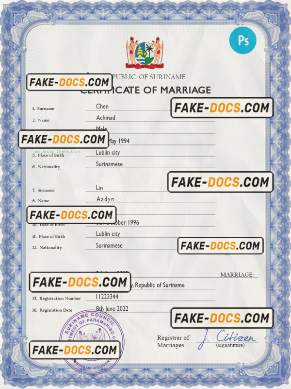 Suriname marriage certificate PSD template, completely editable scan
