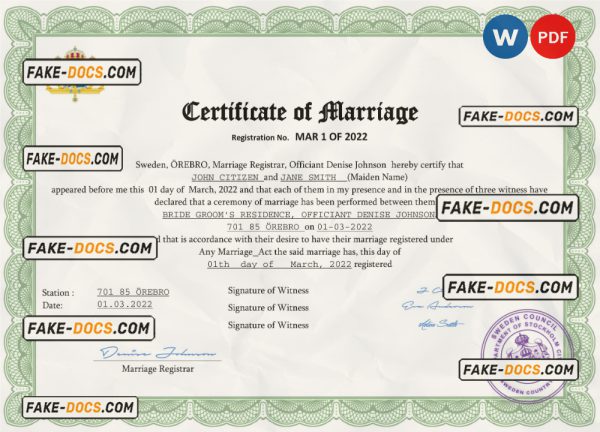 Sweden marriage certificate Word and PDF template, fully editable scan