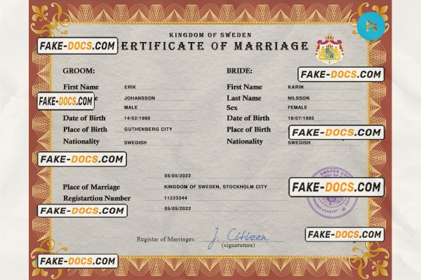 Sweden marriage certificate PSD template, fully editable scan