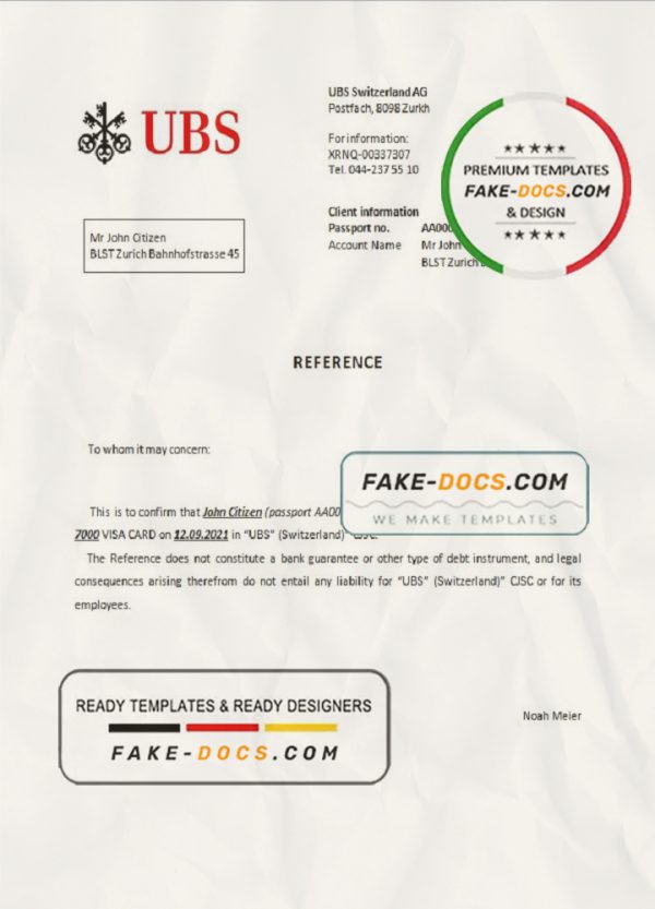 Switzerland UBS bank account closure reference letter template in Word and PDF format scan