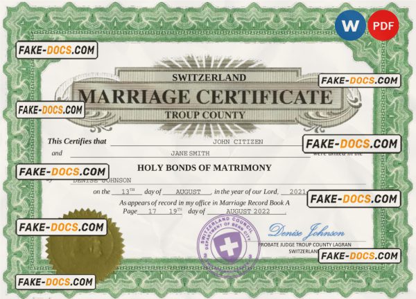 Switzerland marriage certificate Word and PDF template, completely editable scan