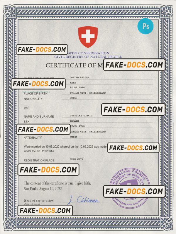 Switzerland marriage certificate PSD template, completely editable scan