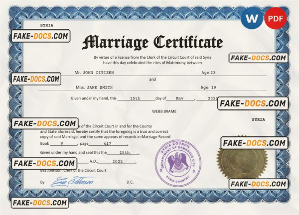 Syria marriage certificate Word and PDF template, fully editable scan