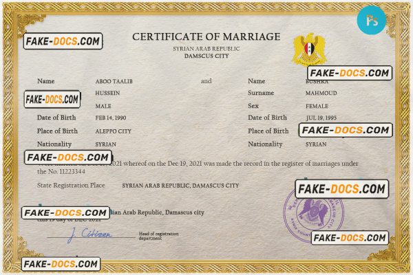 Syria marriage certificate PSD template, fully editable scan