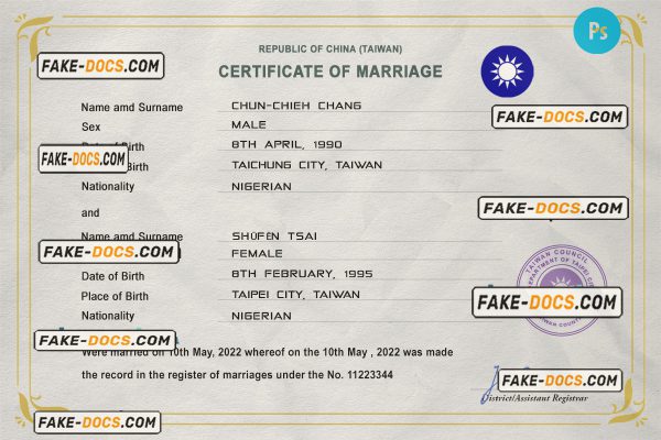 Taiwan marriage certificate PSD template, fully editable scan