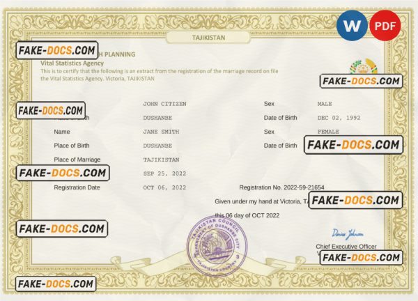 Tajikistan marriage certificate Word and PDF template, fully editable scan
