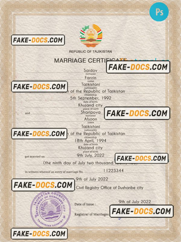 Tajikistan marriage certificate PSD template, completely editable scan