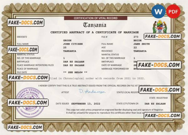 Tanzania marriage certificate Word and PDF template, completely editable scan