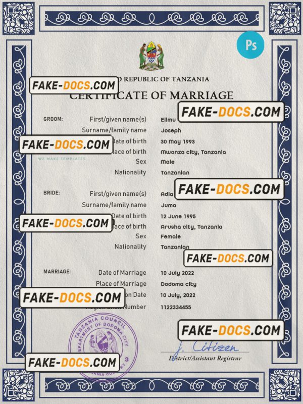 Tanzania marriage certificate PSD template, fully editable scan